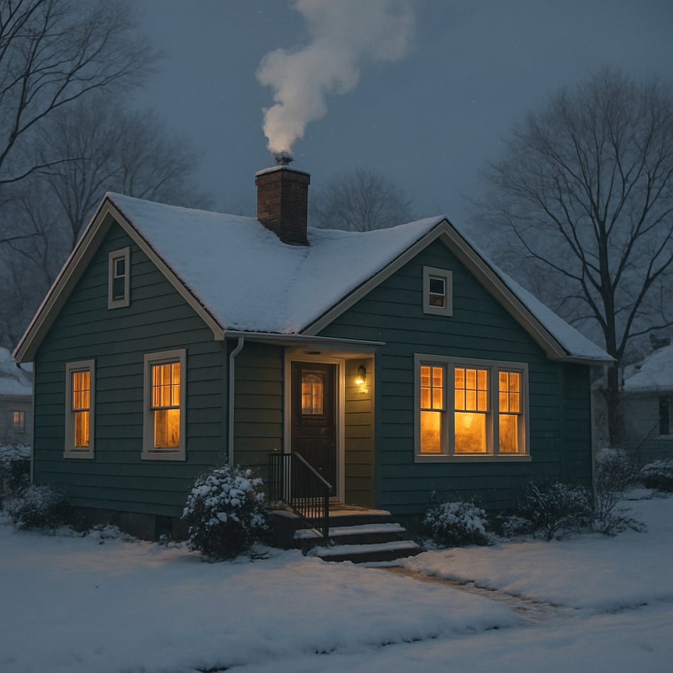 cinematic A small suburban house with green siding and warm lighting inside Smoke coming from chimney Winter scenery