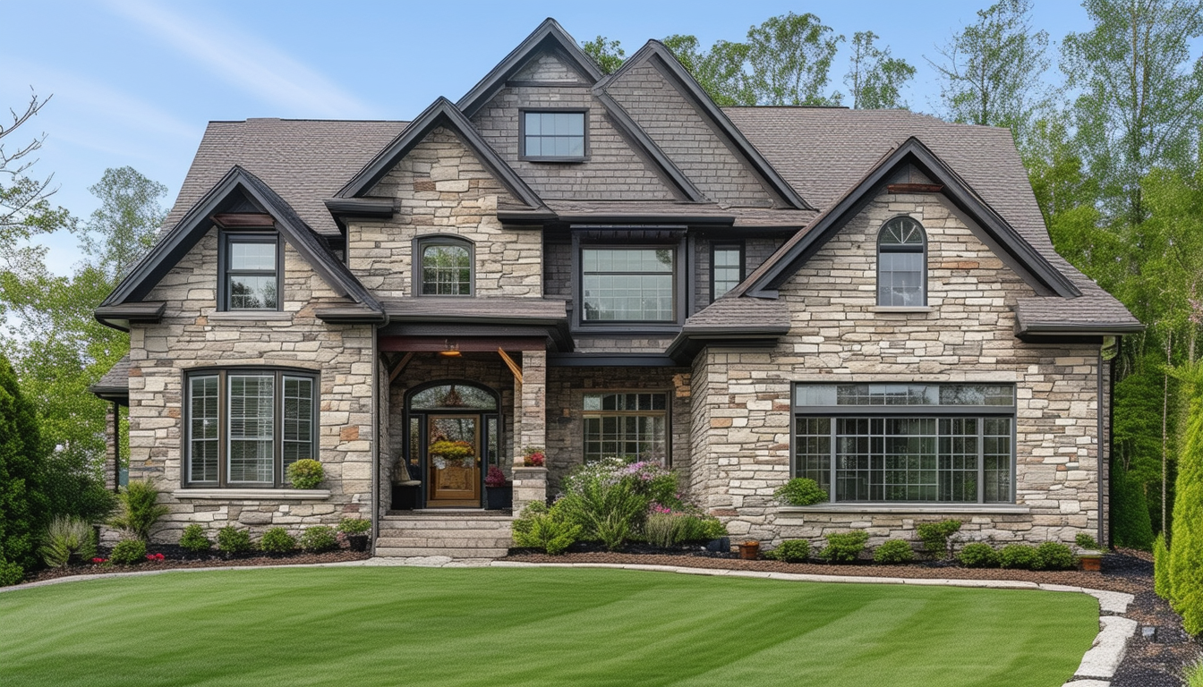 A beautiful home exterior showcasing diverse stone