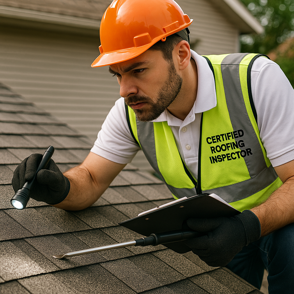 A certified roofing inspector carefully examining
