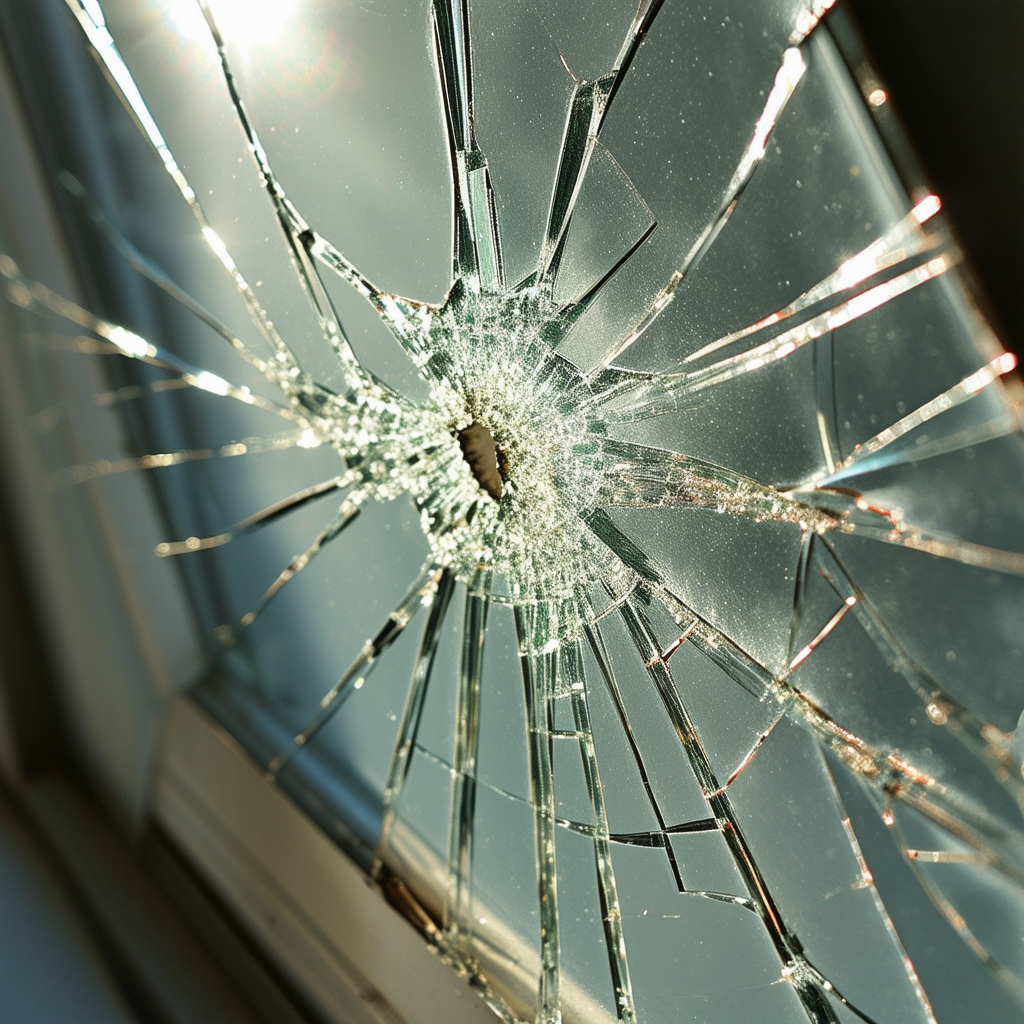 A close-up image of a cracked window pane with sun