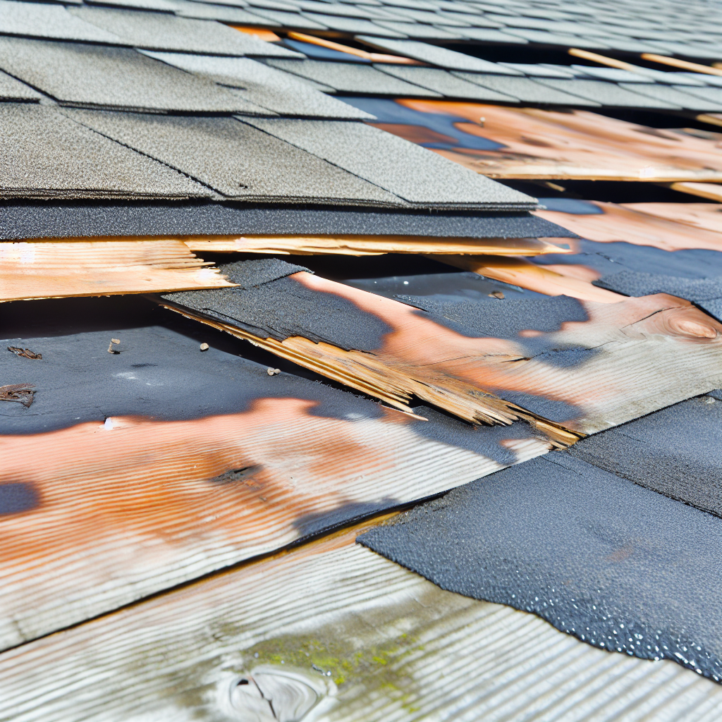 A close-up image of a damaged roof with shingles m