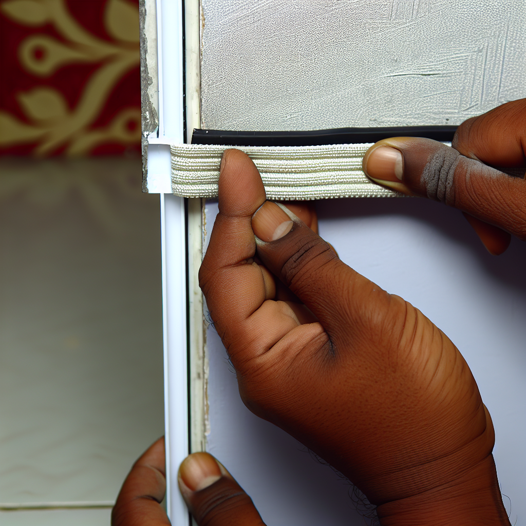 A close-up image of a hand applying weatherstrippi