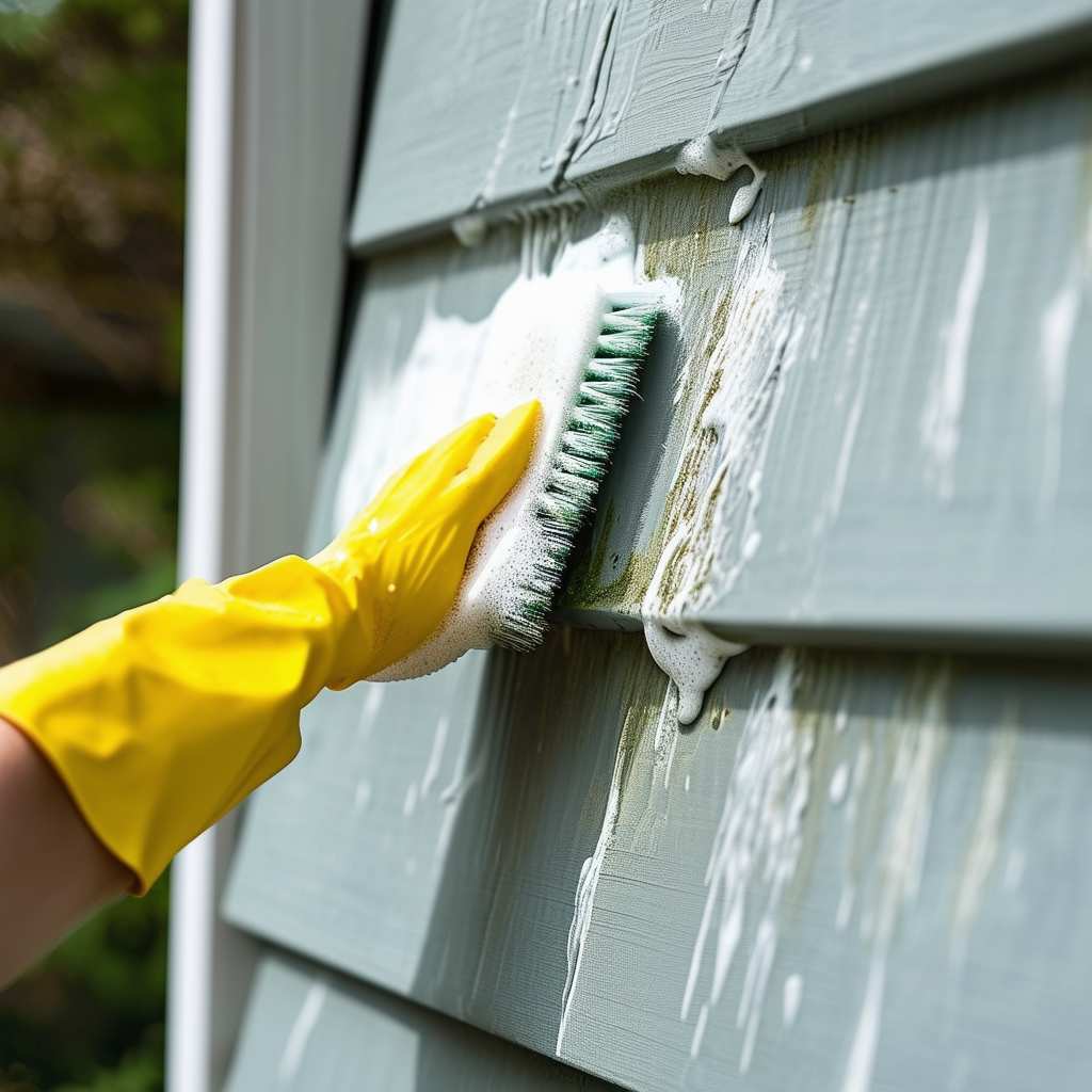 A close-up image of a hand scrubbing mold off viny