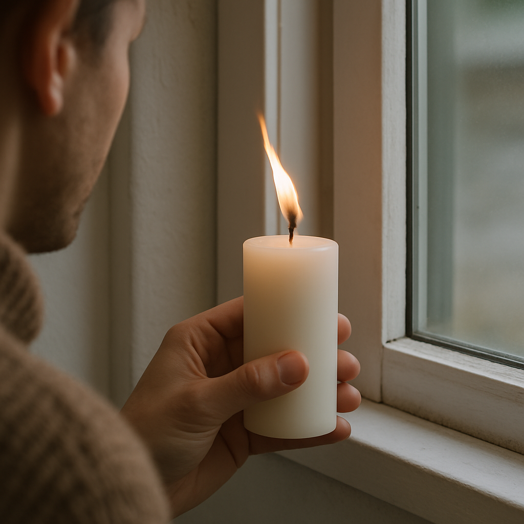 A close-up image of a homeowner holding a lit cand