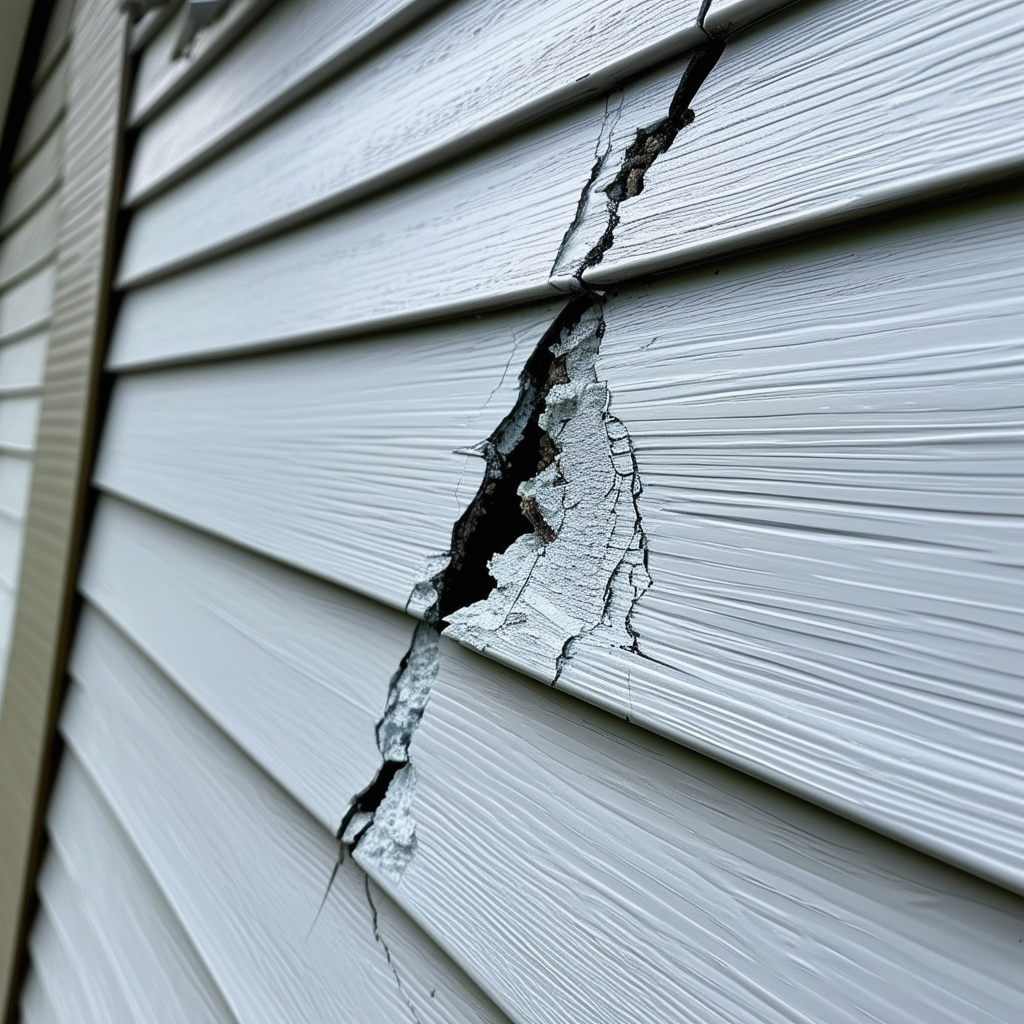 A close-up image of a house with cracked vinyl sid