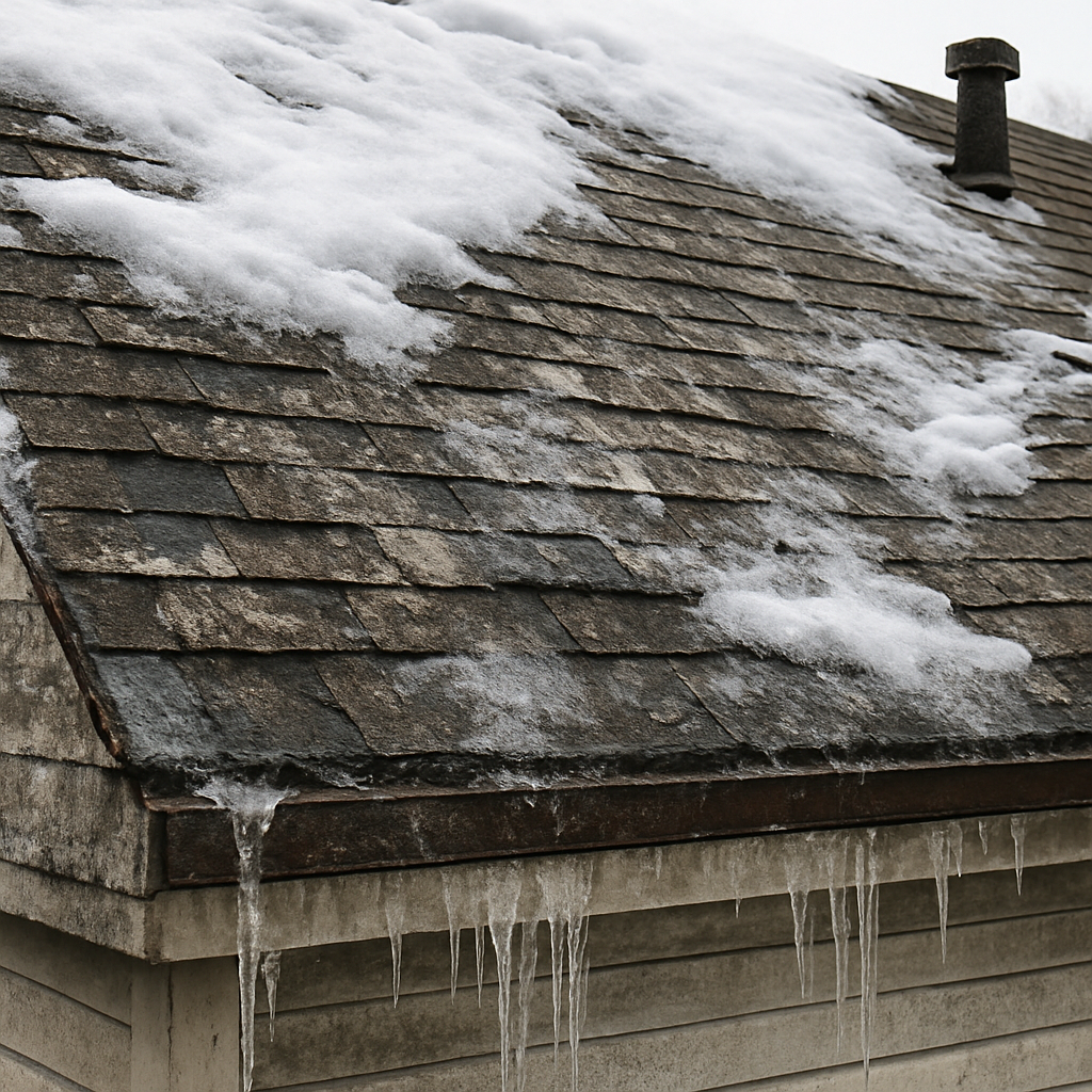 A close-up image of a residential roof in winter,