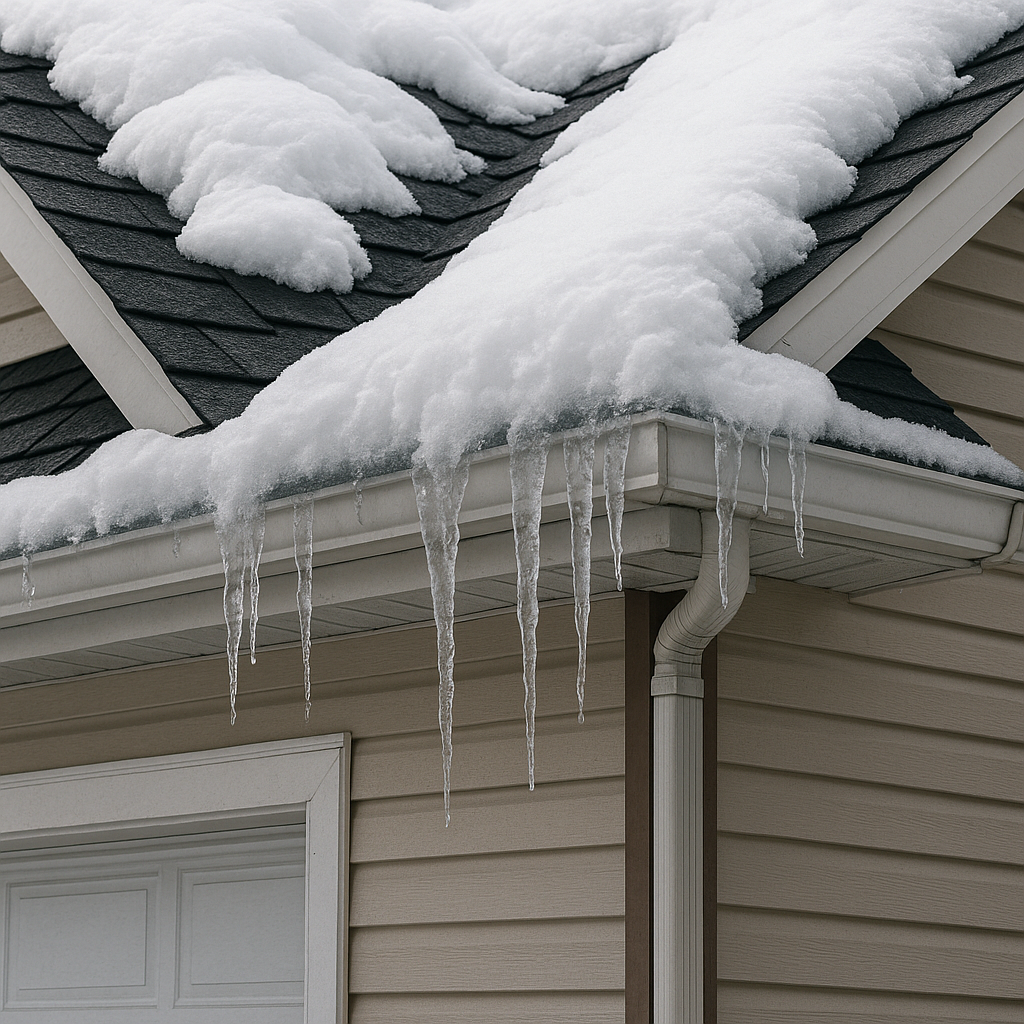 A close-up of a residential roof with heavy snow a