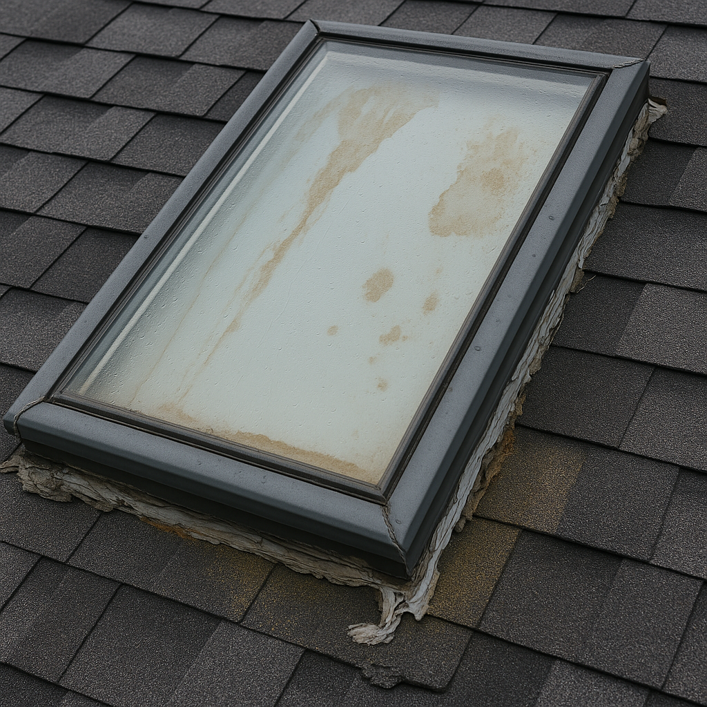 A close-up of a residential skylight with visible