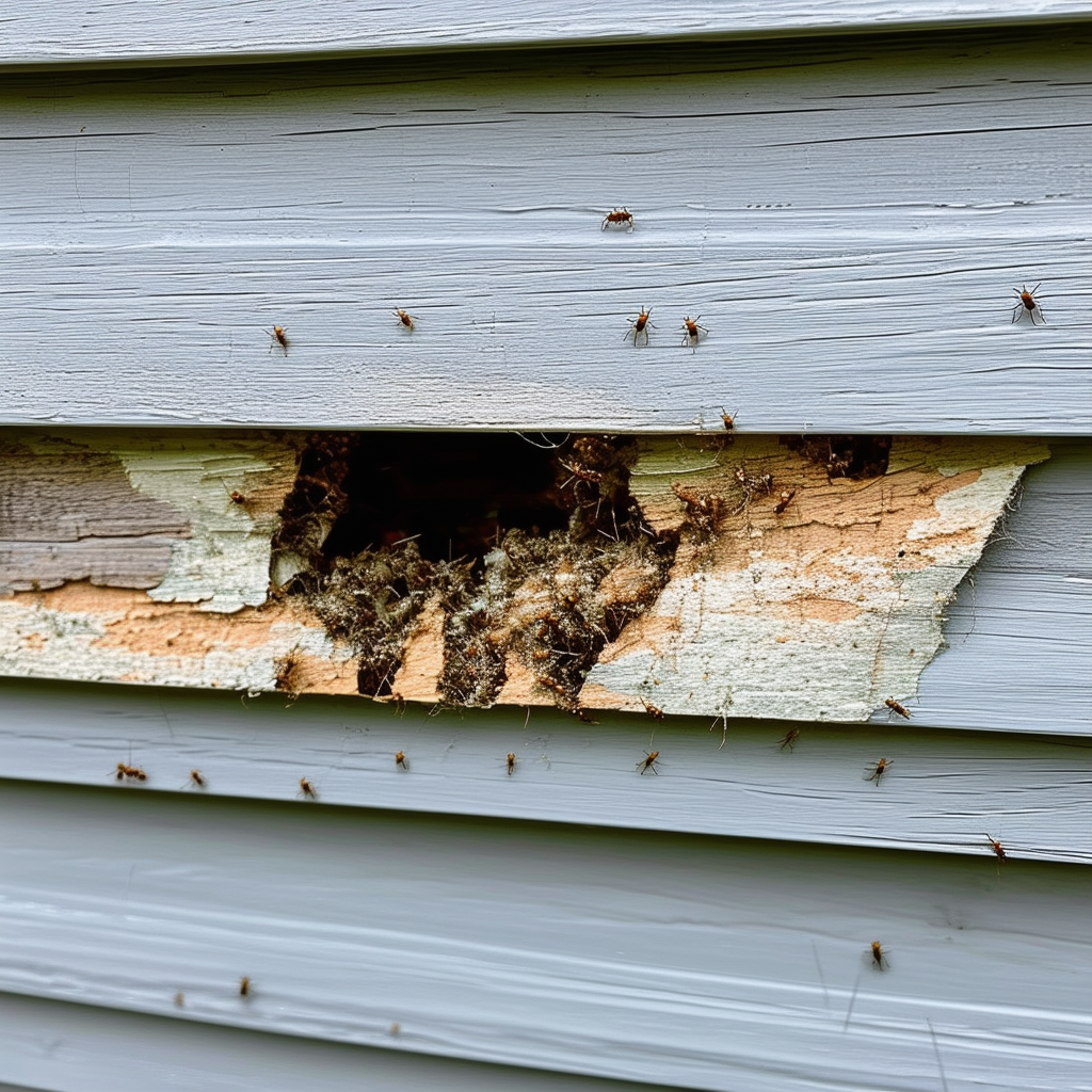 A close-up of damaged siding with visible pest act