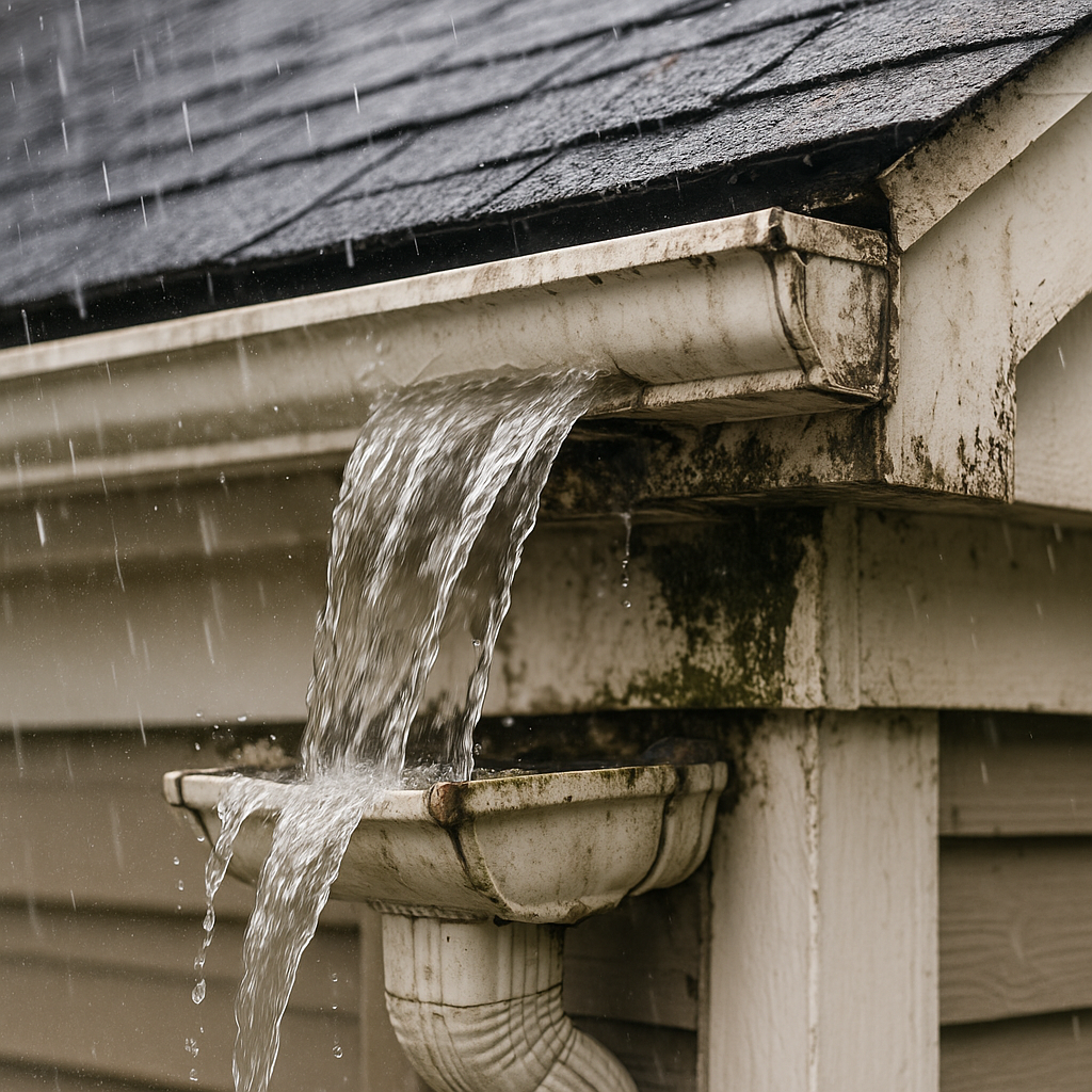 A close-up view of a damaged gutter system with wa