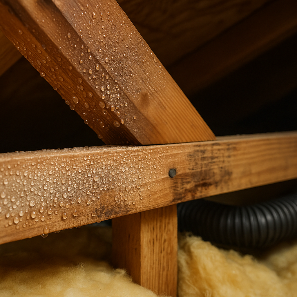 A close-up view of water droplets forming on woode