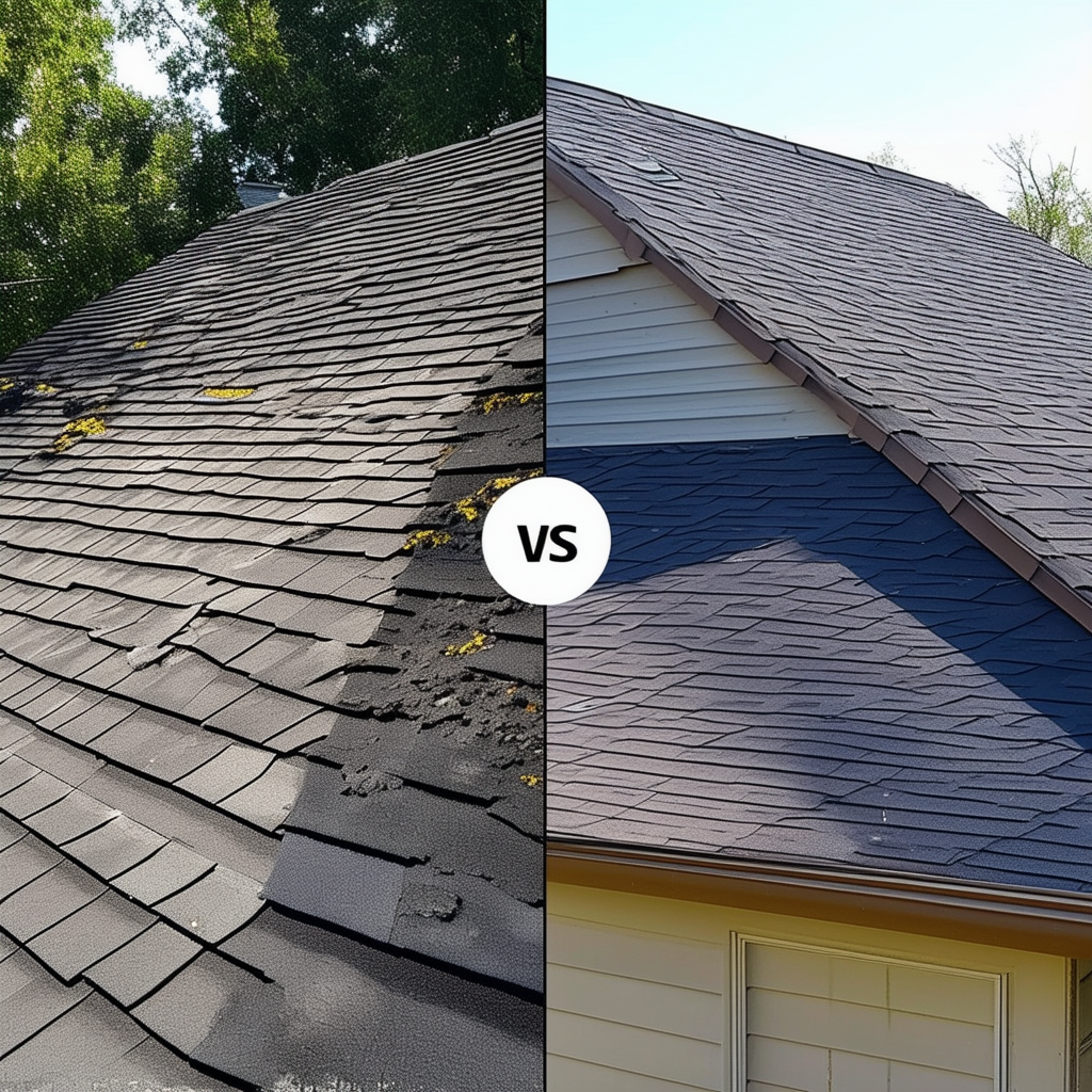 A comparison image showing a roof in need of repai