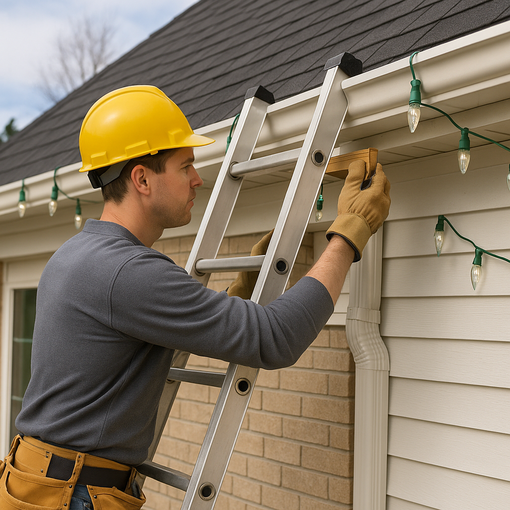 A contractor carefully positioning a ladder next t