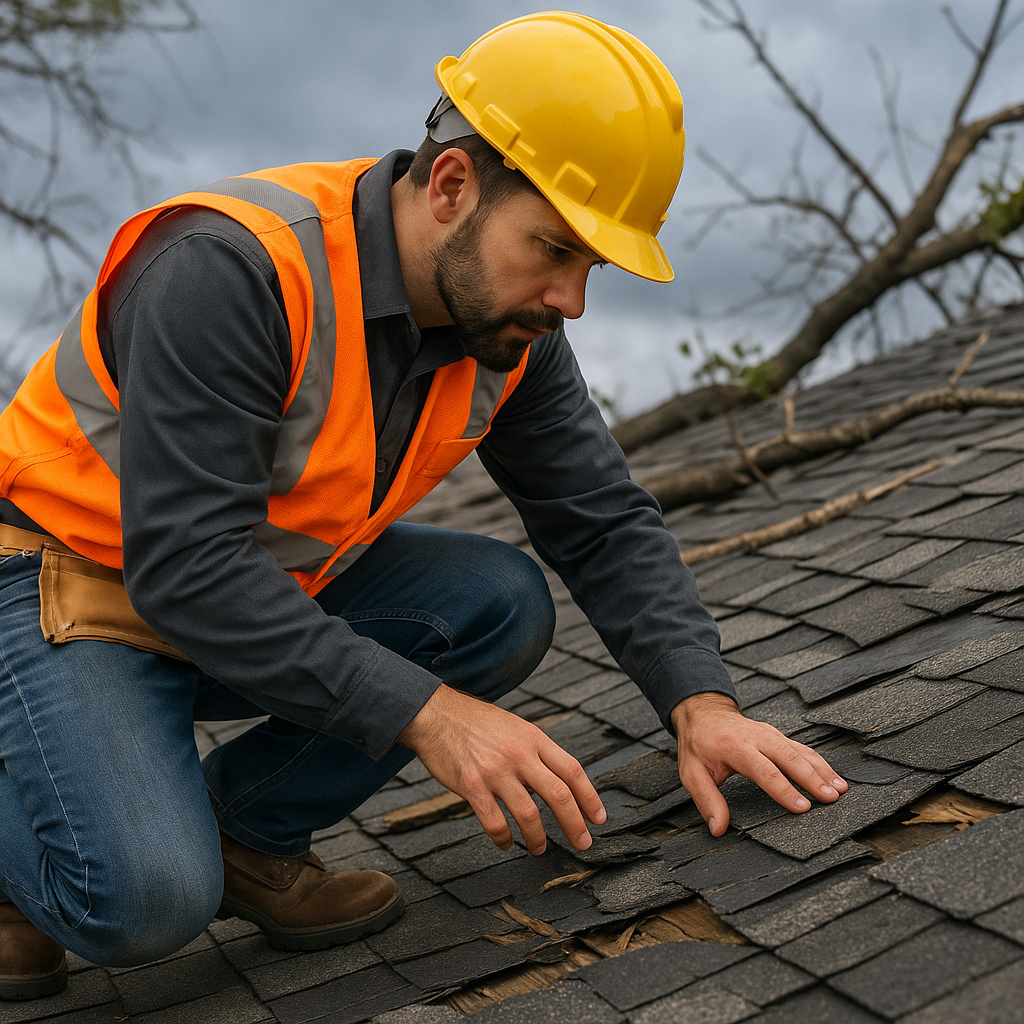 A contractor in safety gear inspecting a storm-dam