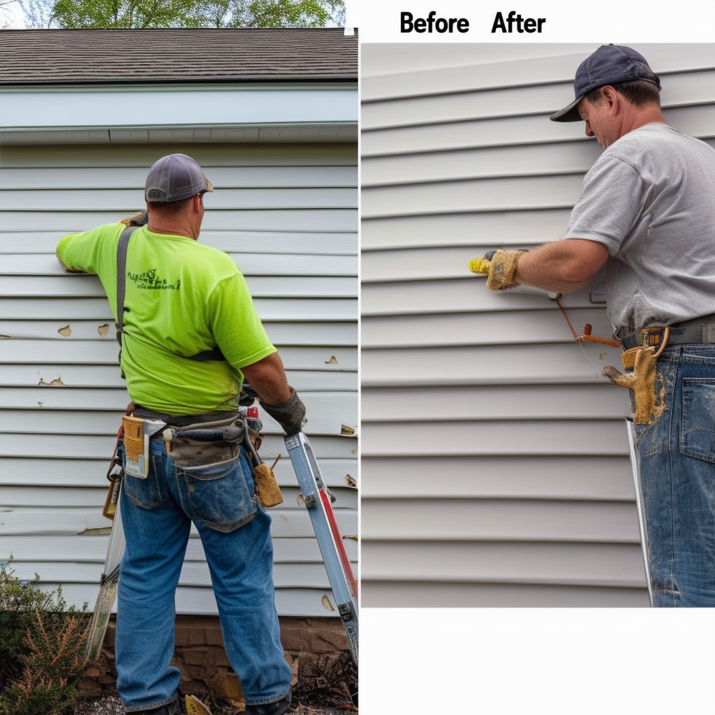 A homeowner repairing loose vinyl siding on their 