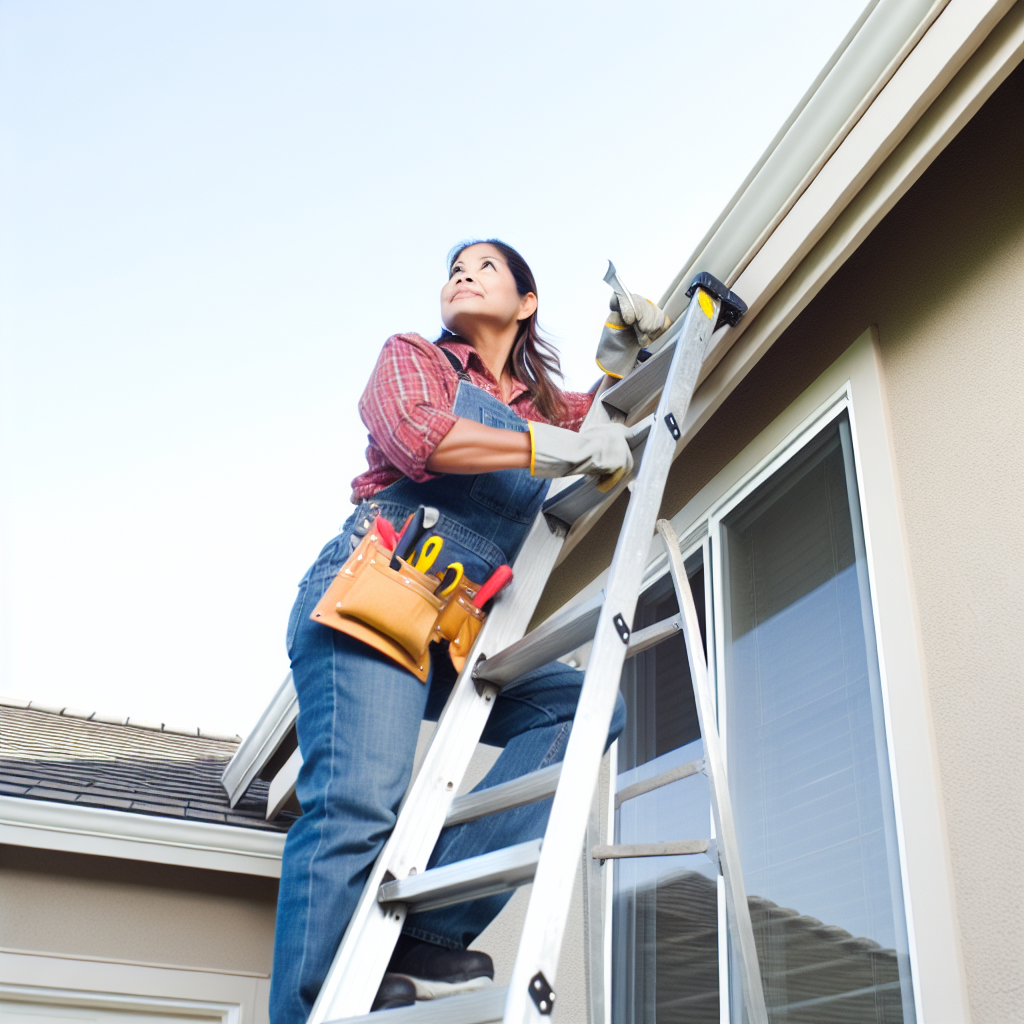 A homeowner safely climbs a ladder to clean debris