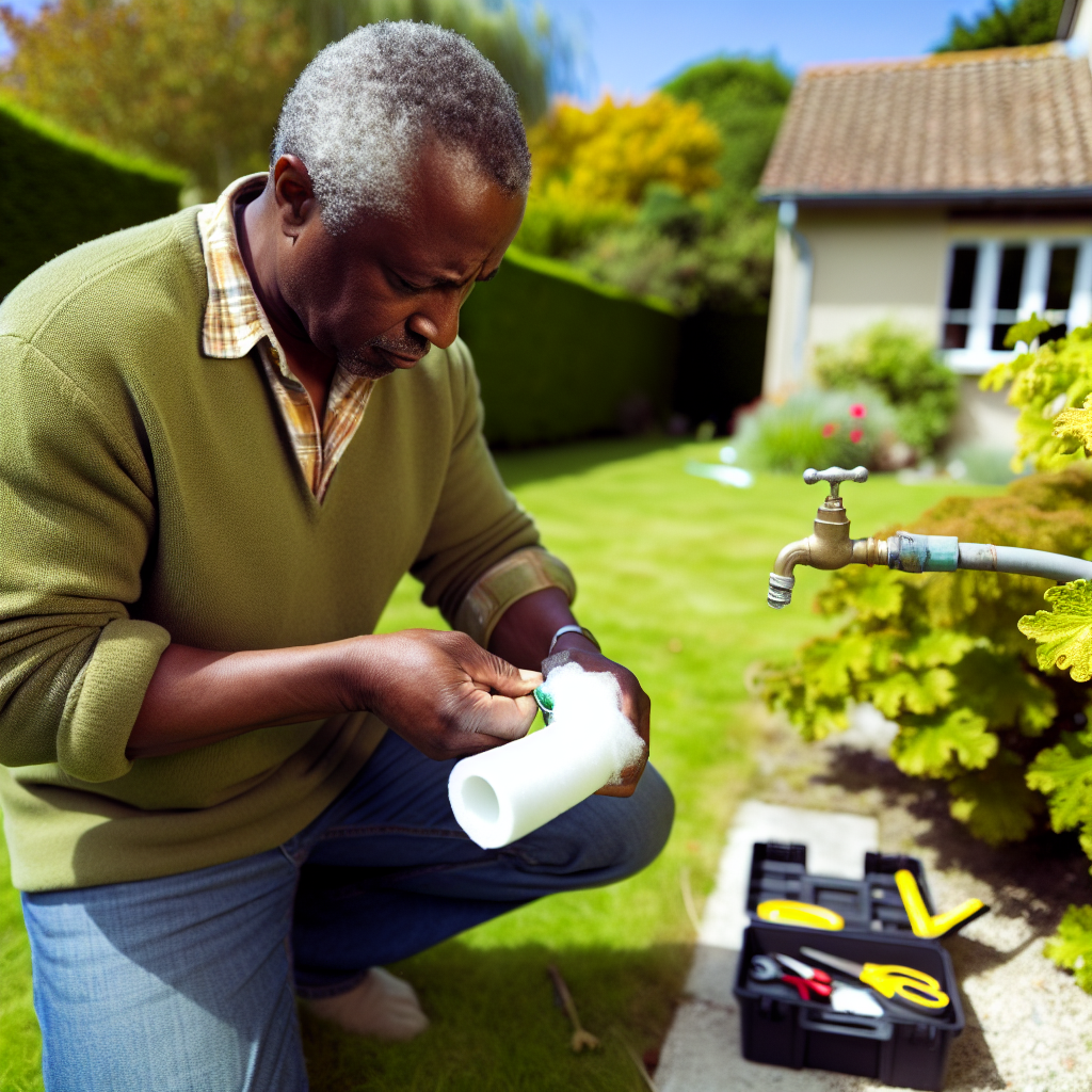 A homeowner wraps an outdoor faucet with insulatin