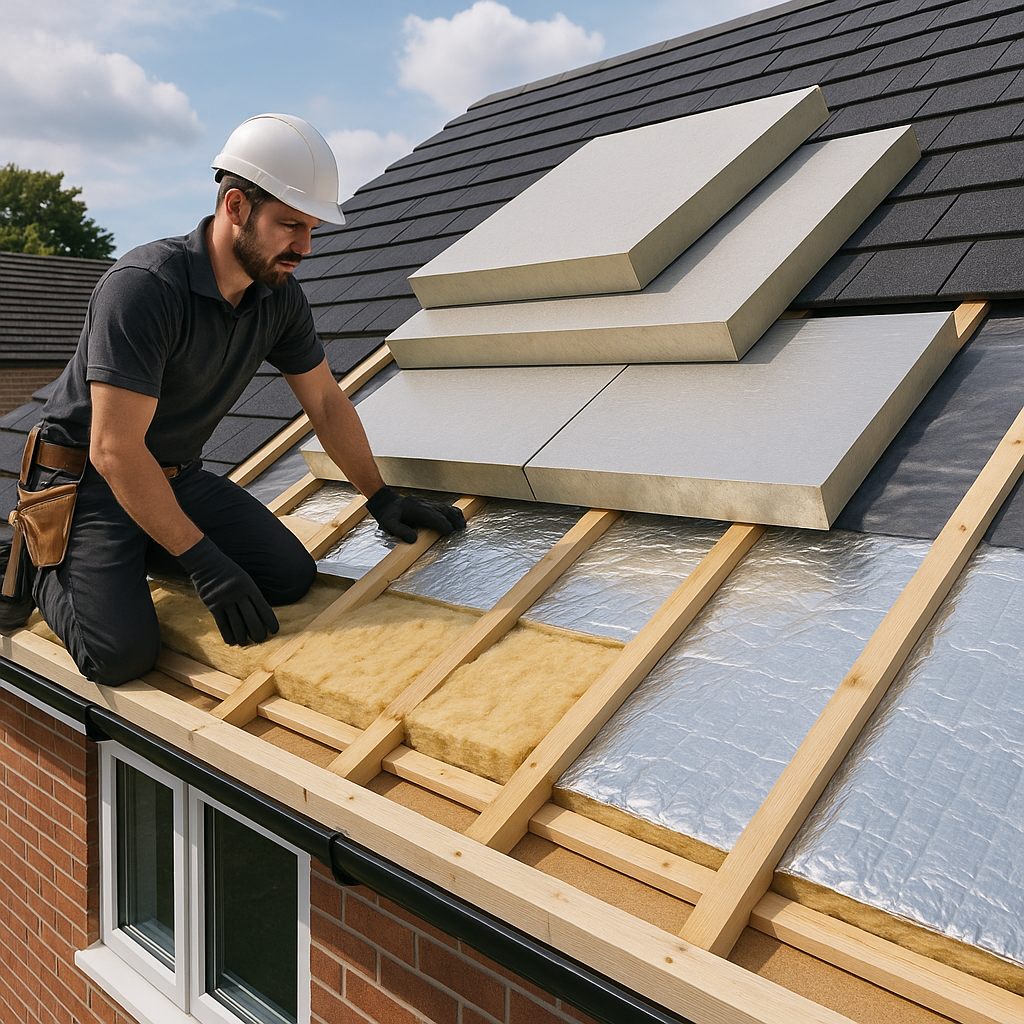 A modern, energy-efficient roof system being insta