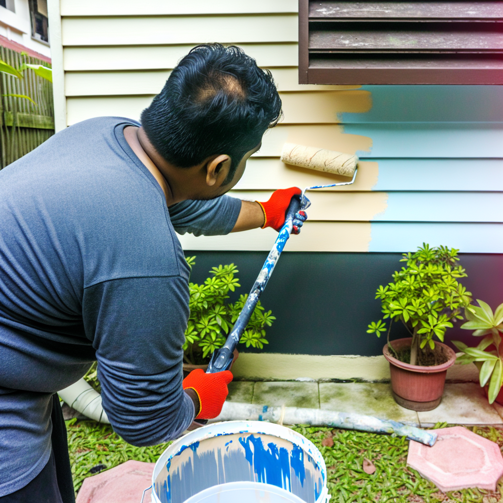 A person painting vinyl siding with a roller, show