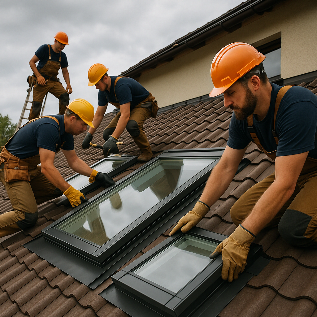 A professional construction crew installs a new ro