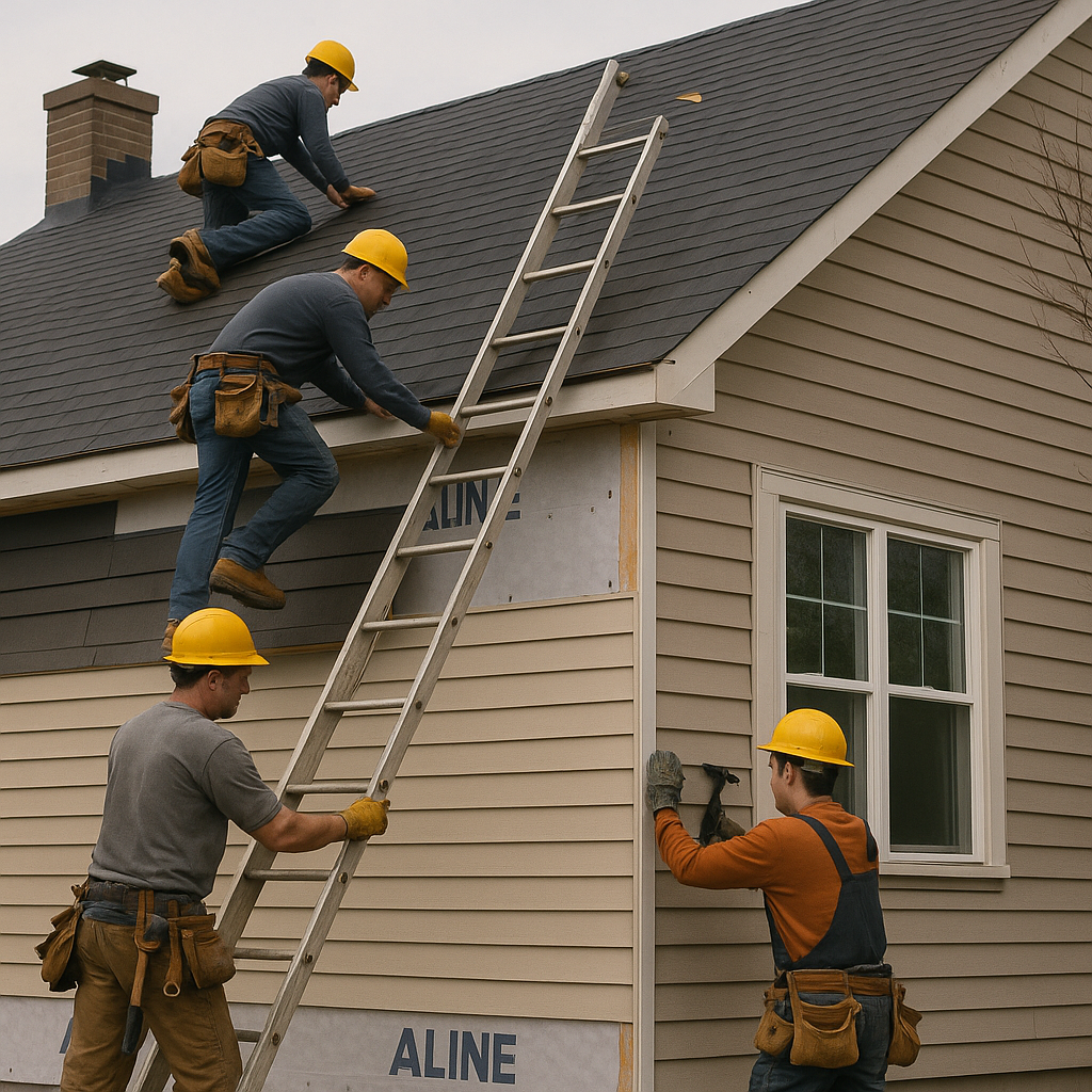 A professional construction crew working on a home