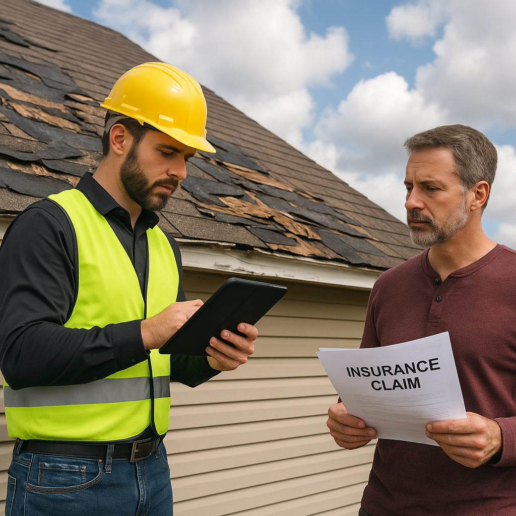 A professional contractor inspecting storm-damaged