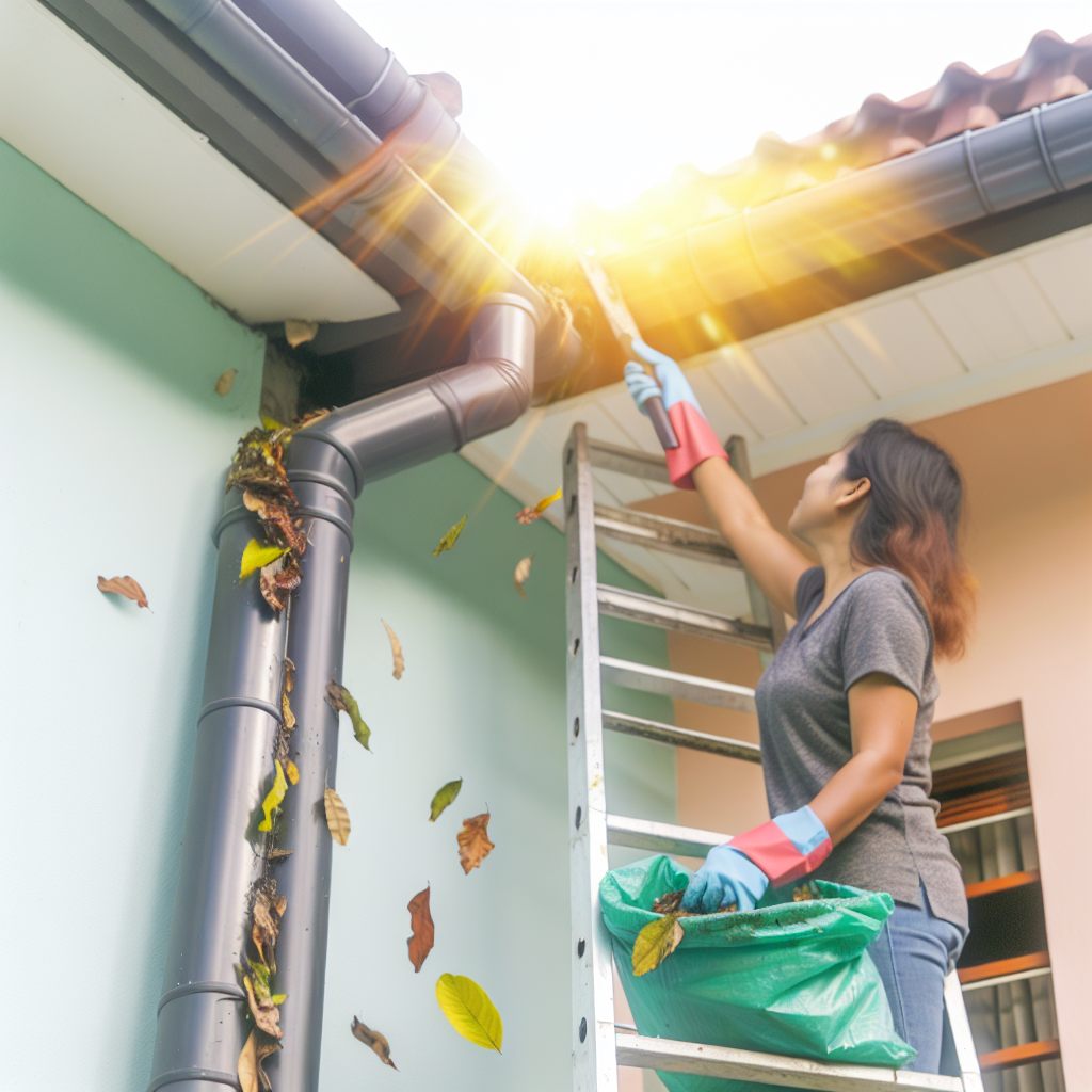 A professional gutter cleaner removing leaves and 