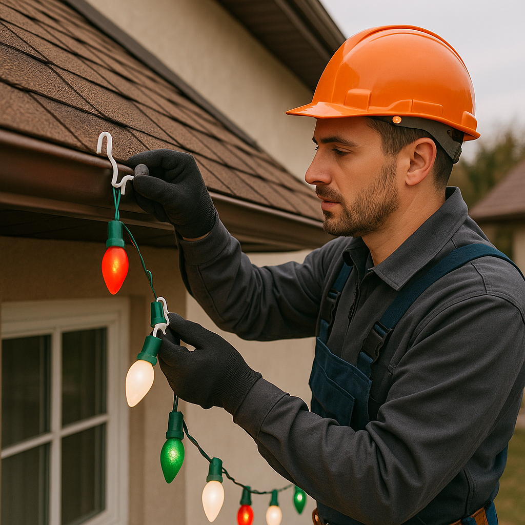 A professional installer attaching Christmas light