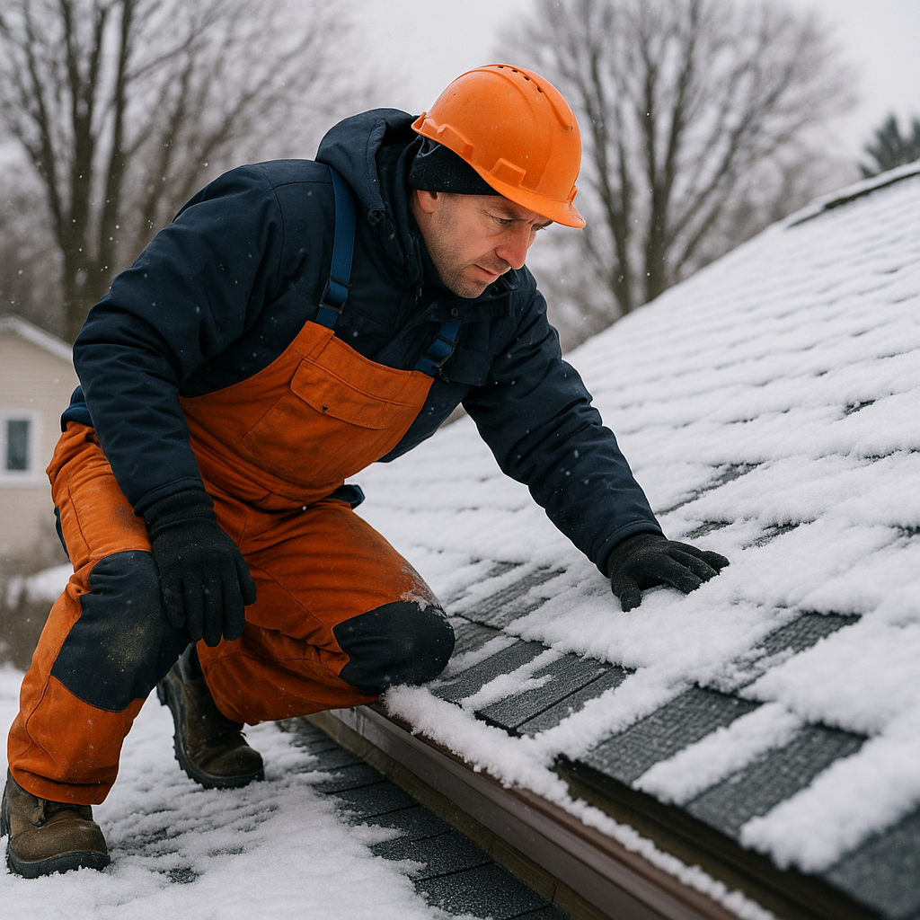 A professional roofer in cold-weather gear assessi