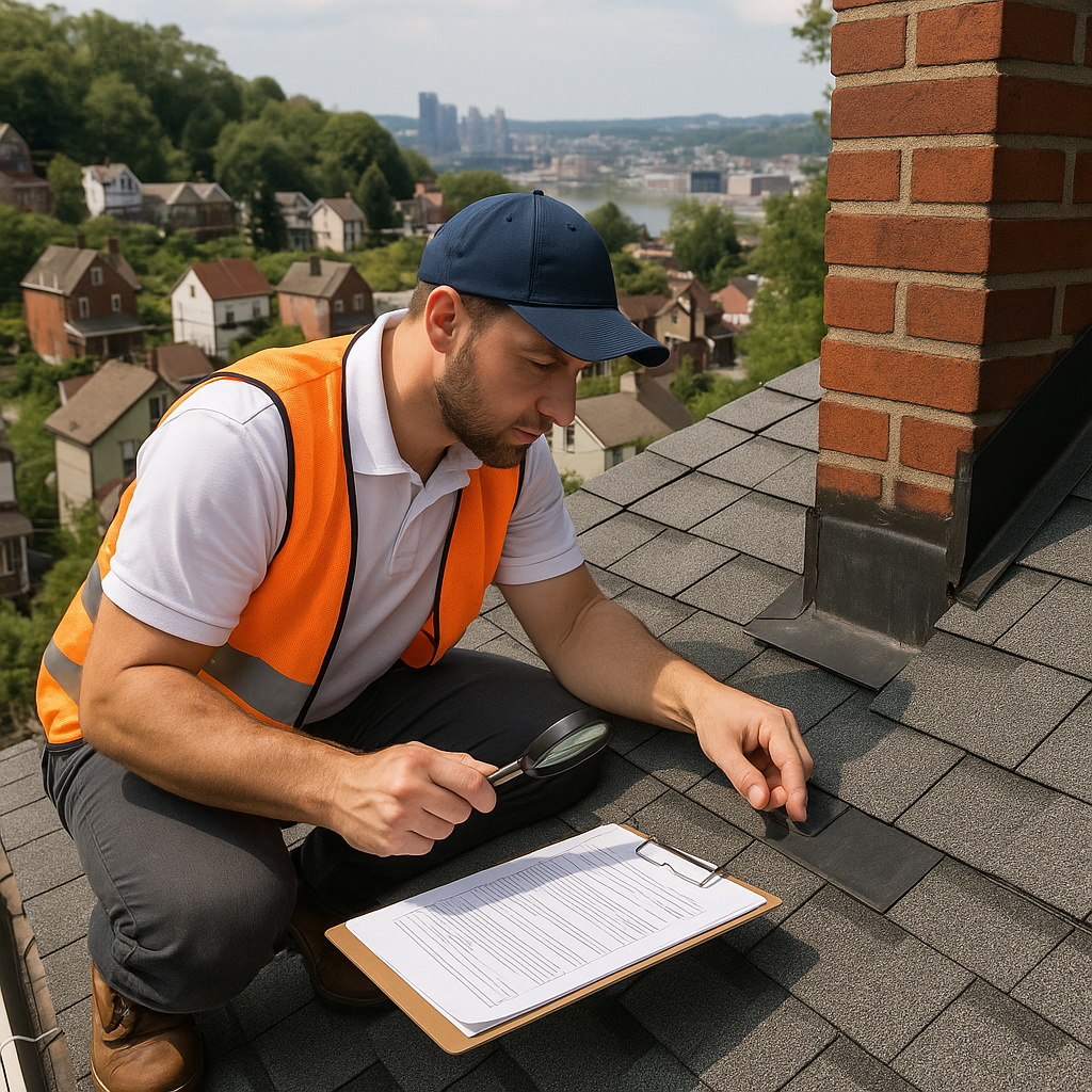 A professional roofing contractor carefully examin