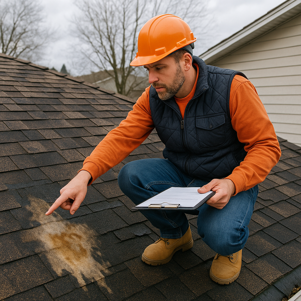 A professional roofing contractor inspecting water