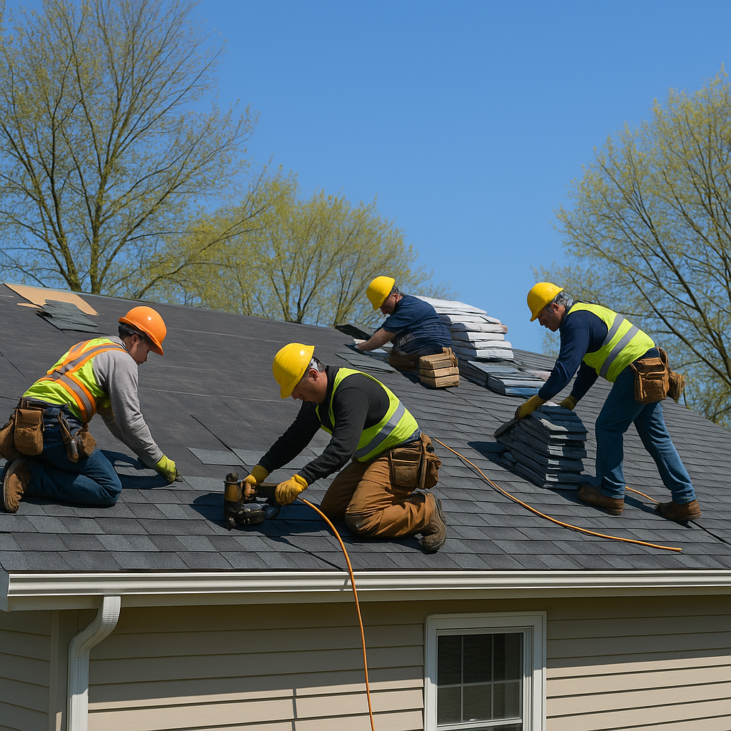 A professional roofing crew installing new shingle