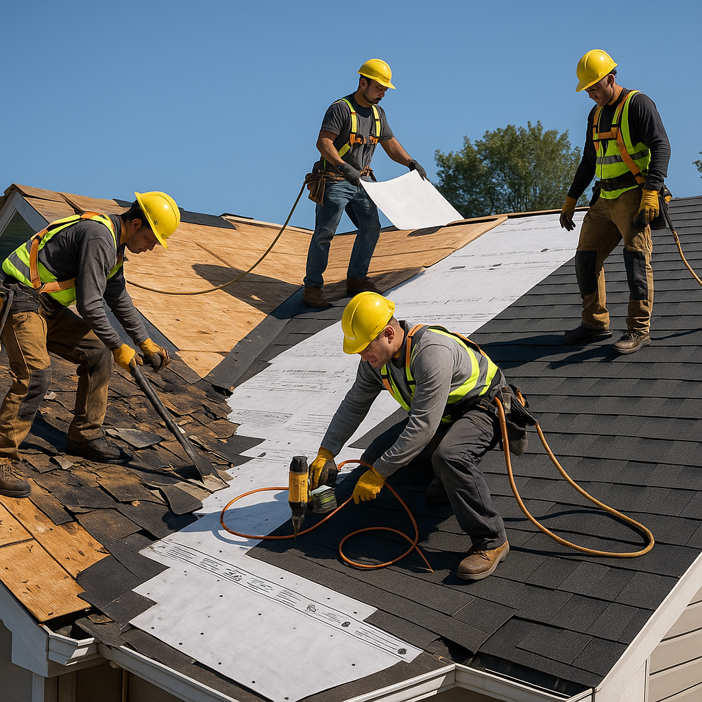 A professional roofing crew removing an old, damag