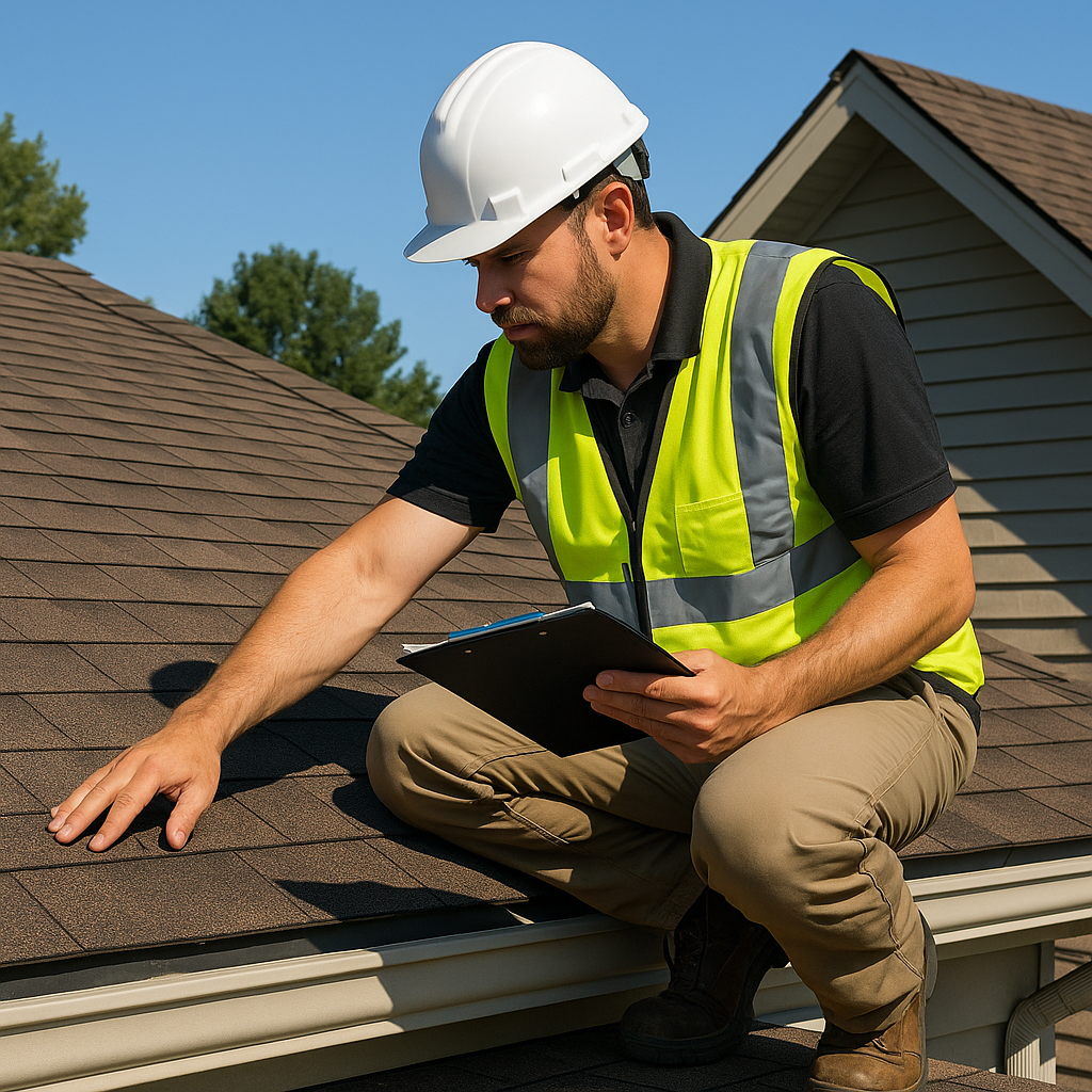 A professional roofing inspection underway on a we