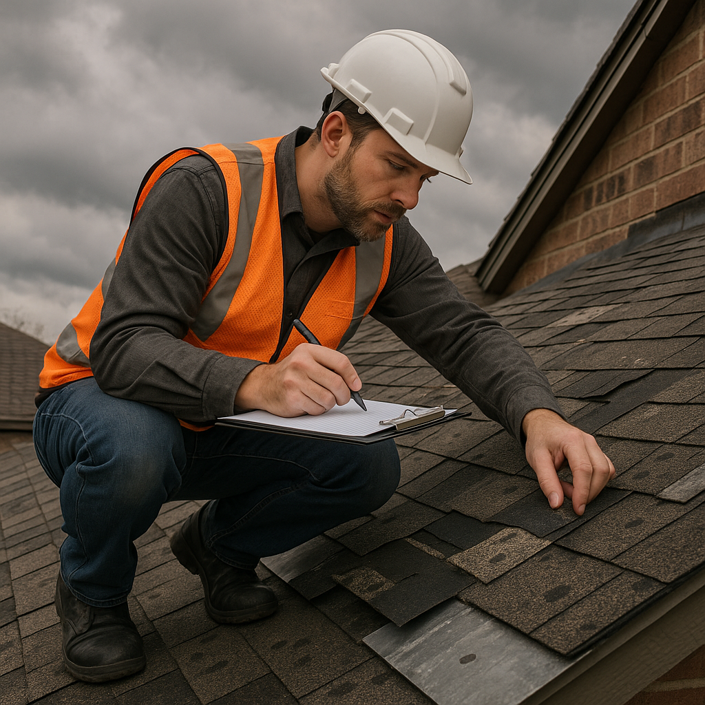 A professional roofing inspector examining shingle