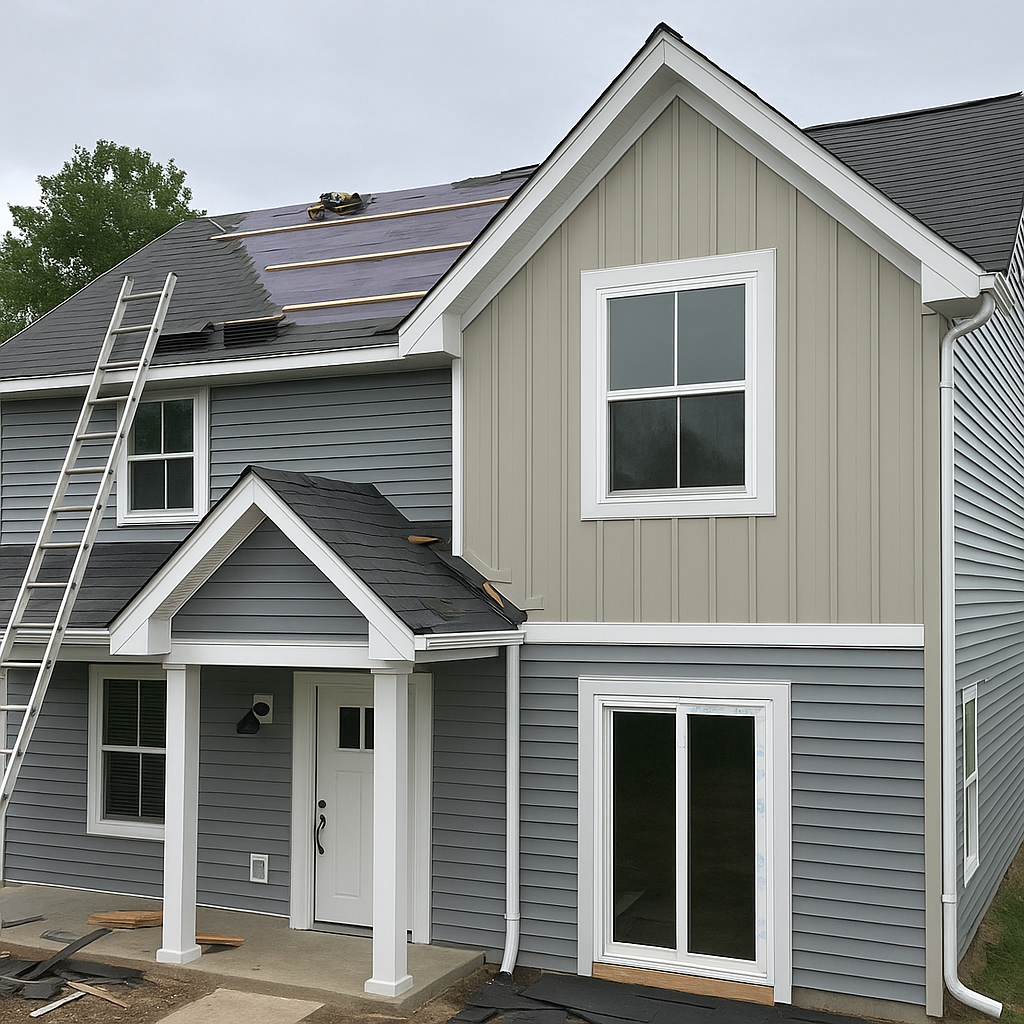 A residential home mid-renovation showing new roof