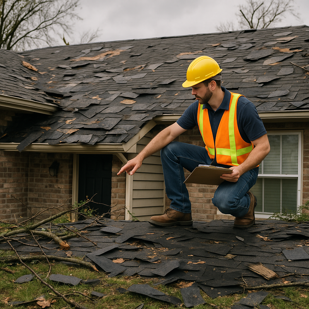 A residential home with visible roof damage after