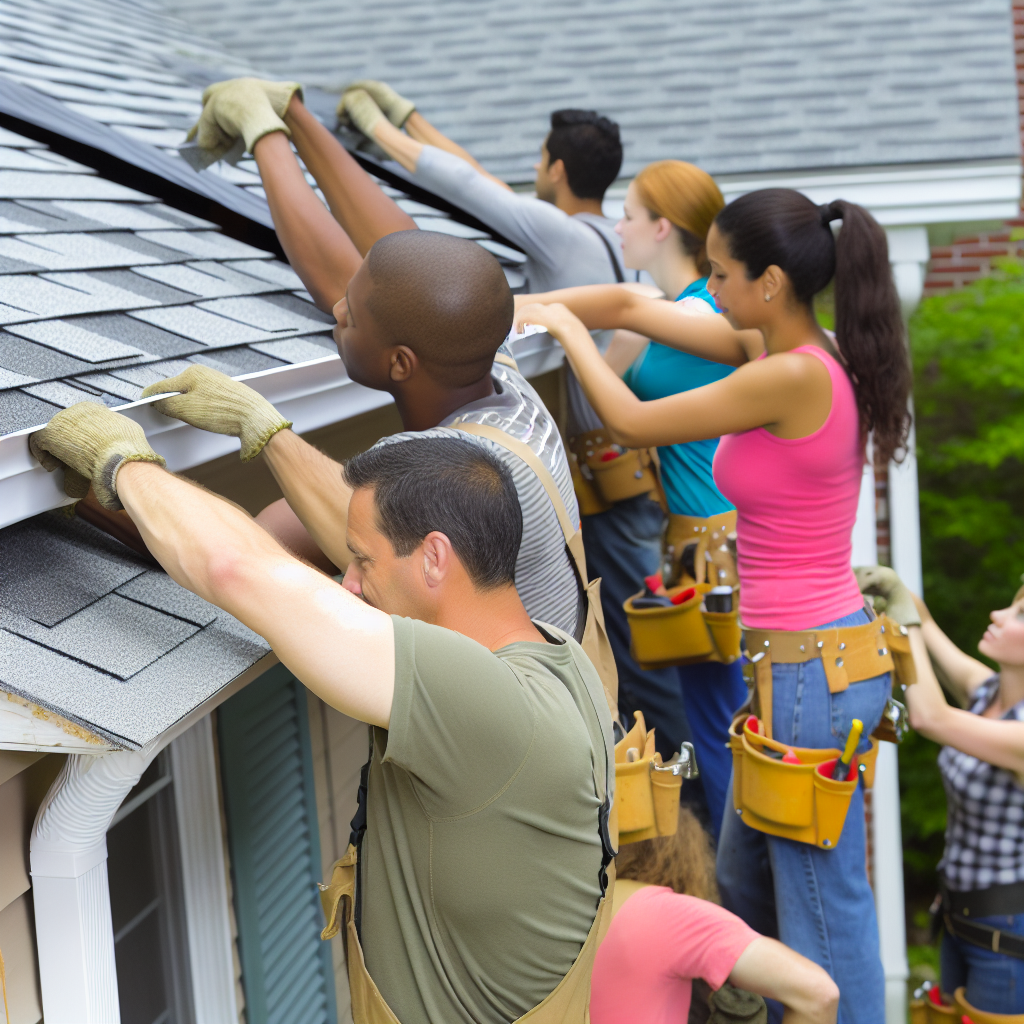 A roofing crew installing new shingles and gutters