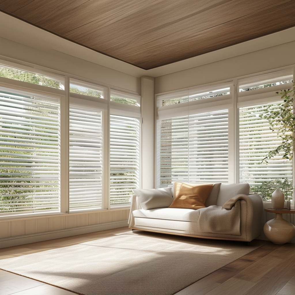 A serene living room with closed windows, highligh