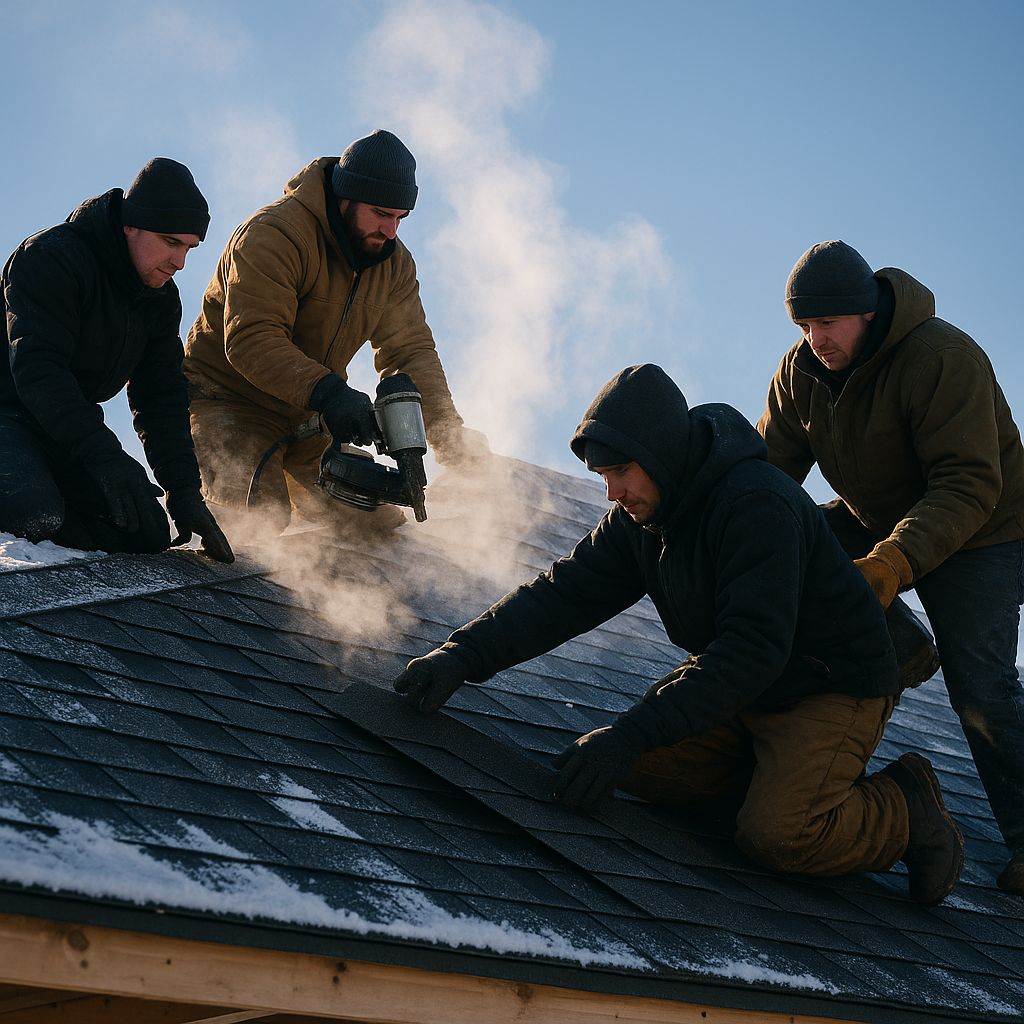 A skilled roofing crew in cold-weather gear expert
