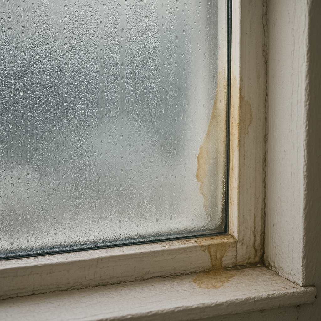 Close-up image of a window with visible moisture,