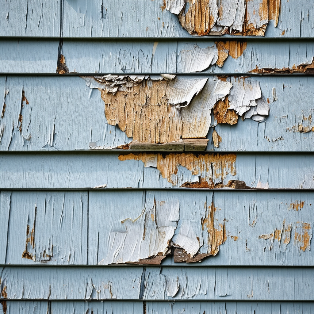 Close-up image of water-damaged siding with peelin