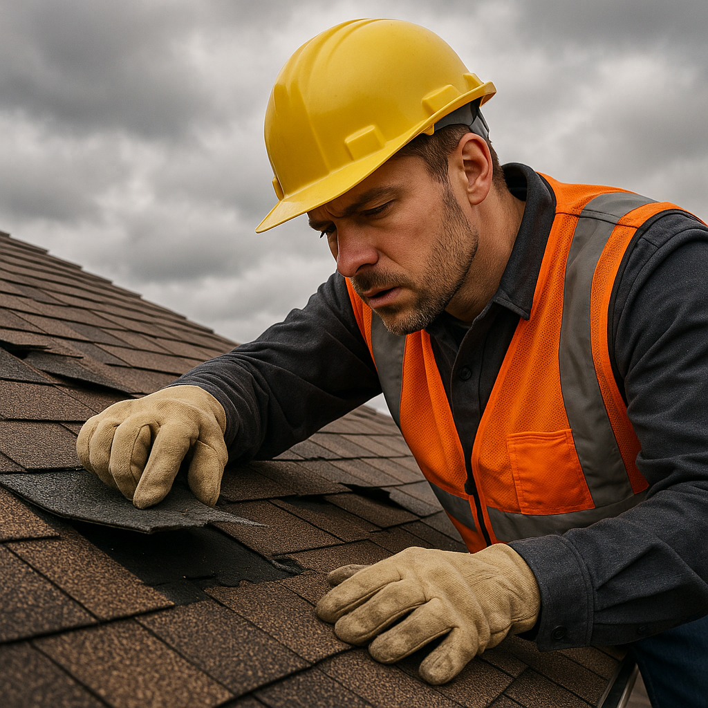 Close-up view of a professional roofing contractor