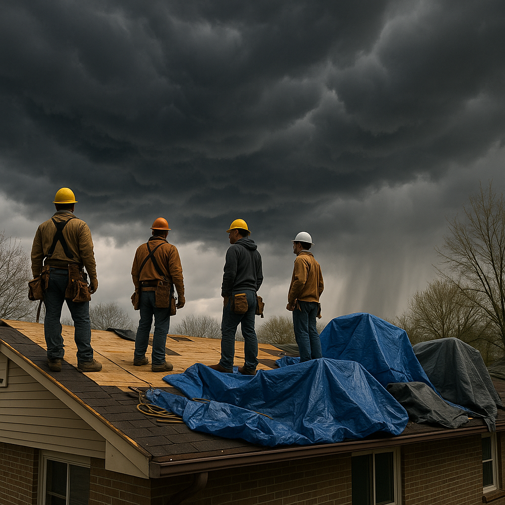 Construction workers on a residential roofing proj