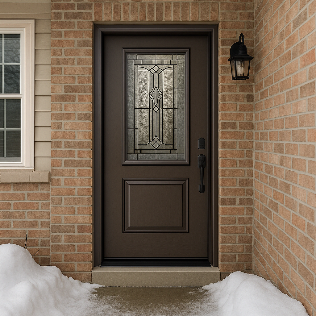 Modern fiberglass entry door with decorative glass