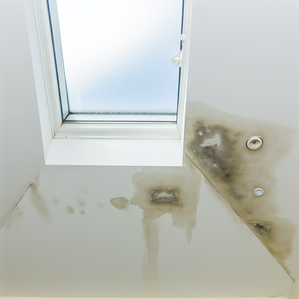 Water stains on a ceiling under a skylight, sugges